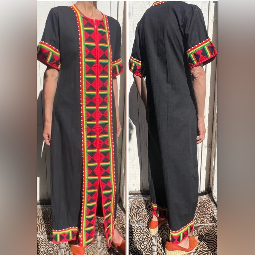 RARE 60-70s Aztec Tribal Thai Hill Quilted Appliqué Patchwork Caftan Seminole